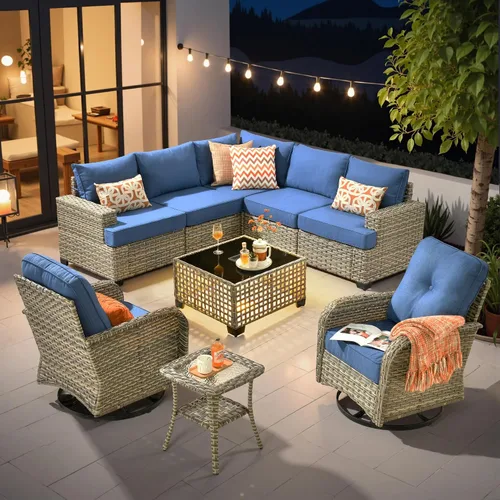 Vista 55 de HOOOWOOO Juego de muebles seccionales de patio con mesa de luz solar, 6 piezas de mimbre para exteriores, sofá en forma de L, juego de conversación