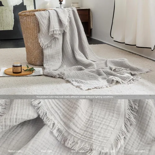 Vista 108 de FOSSA Manta de Muselina con Flecos - Gasa de Algodón 100% de 4 Capas Súper Suave y Transpirable - Manta Decorativa Ligera y Refrescante para Cama