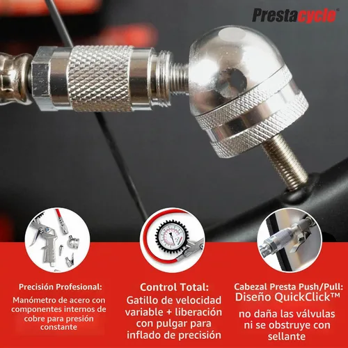 Vista 4 de Prestaflator - Inflador de neumáticos para bicicleta, herramienta de compresor de aire Presta & Schrader, funciona con neumáticos sin cámara