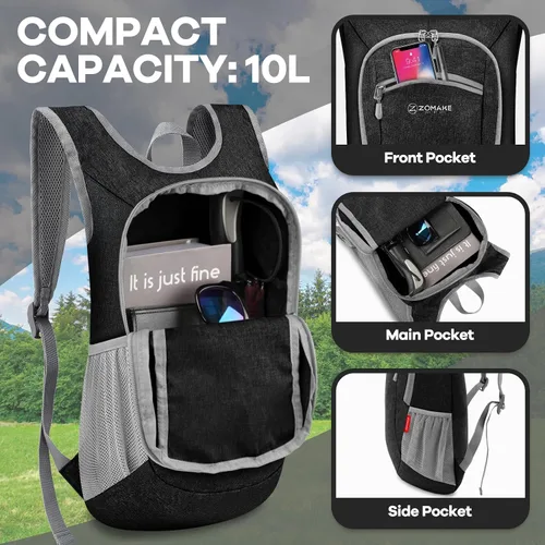 Vista 3 de ZOMAKE Mochila plegable ultraligera de 10 litros, mochila plegable pequeña, resistente al agua, mochila plegable para mujeres y hombres (negro-A1)