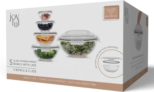 Vista 8 de JoyJolt Tazones para mezclar de cocina. Juego de 5 cuencos de vidrio con tapas, cuencos de anidación ordenados. Juego de tazones grandes