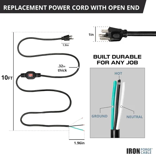 Vista 5 de Iron Forge Cable Cable de alimentación de repuesto de 16 AWG de 10 pies con interruptor de encendido y apagado en línea impermeable IP65 - Cable
