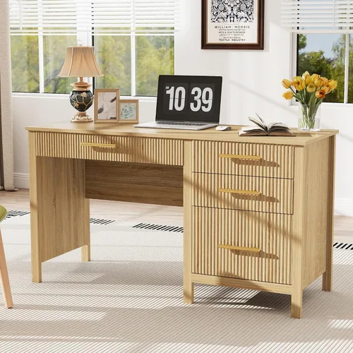 Vista 10 de Escritorio ejecutivo moderno con cajones: escritorios negros de oficina en casa de 54 pulgadas con cajón de archivos, escritorio de madera acanalada