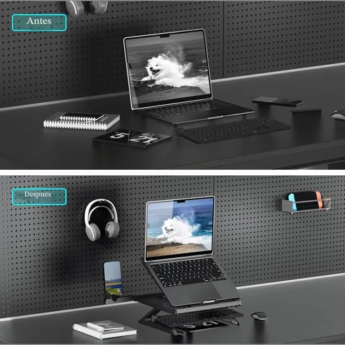 Vista 6 de OImaster Soporte ergonómico ajustable y plegable para computadora portátil con ventilación térmica, soporte elevador para laptop compatible con Negro