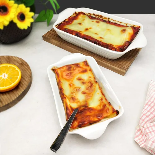 Vista 5 de Plato para hornear de 8 x 5 pulgadas, bandeja para lasaña, bandeja rectangular para hornear de 18 onzas, plato de cerámica con asas (9.8 pulgadas)