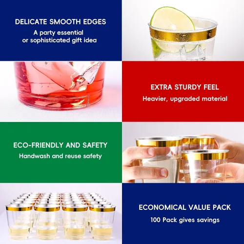 Vista 4 de JOLLY CHEF Paquete de 100 vasos de plástico dorado de 10 onzas, vasos de plástico transparente elegantes con borde dorado desechables, perfectos