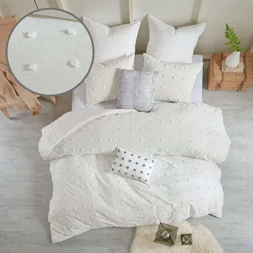 Vista 14 de Intelligent Design - Juego de edredón de algodón con mechones jacquard y diseño de pompones para todas las estaciones, con fundas a juego, almohadas