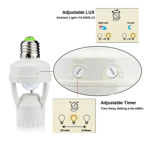 Vista 3 de Toma de luz con sensor de movimiento, adaptador de bombilla de tornillo PIR Motion E26, control de luz nocturna ajustable de encendido/apagado