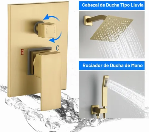 Vista 5 de JOYWELL - Grifo de ducha dorado cepillado, cabezal de ducha de 8 pulgadas Accesorios de ducha de equilibrio de presión de 2 funciones,Pulverizador
