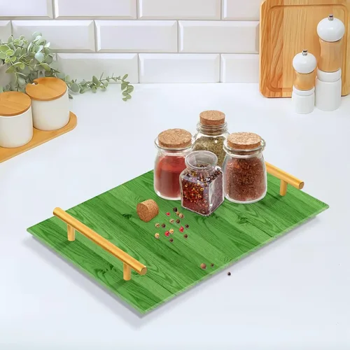 Vista 5 de Bandeja decorativa de barra con textura de madera verde a rayas con asas, bandeja de cama de desayuno para joyería, perfume para sofá, bandejas