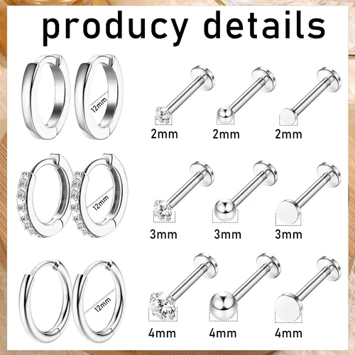 Vista 2 de IRONBOX Juego de 12 pares de aretes de aro de acero inoxidable chapados en oro de 18 quilates para múltiples piercings, pequeños aretes de espalda