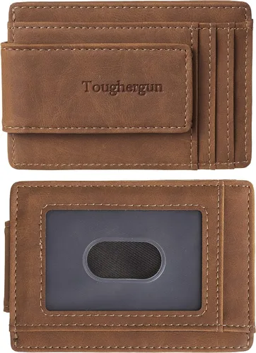 Vista 24 de Cartera minimalista Toughergun para hombres con clip de dinero magnético, cartera de cuero, tarjetero de crédito con bloqueo RFID Negro