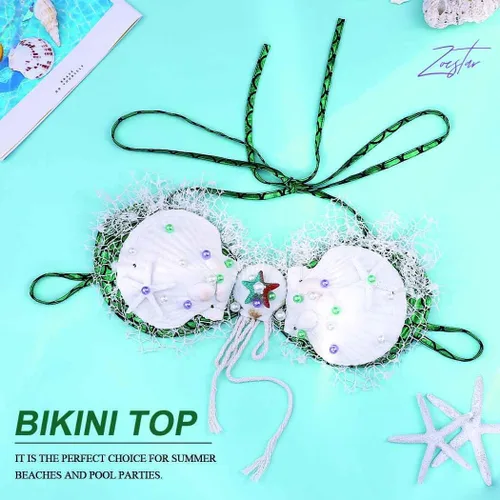 Vista 3 de Zoestar Top corto de conchas para disfraz de sirena, parte superior de rave, parte superior de playa, conchas marinas, parte superior de bikini