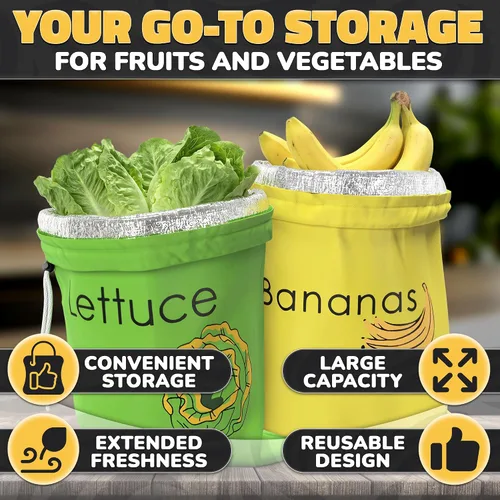 Vista 4 de Bolsas de producción reutilizables para plátanos y lechuga frescas – Bolsas de almacenamiento para verduras y frutas con forro de aluminio