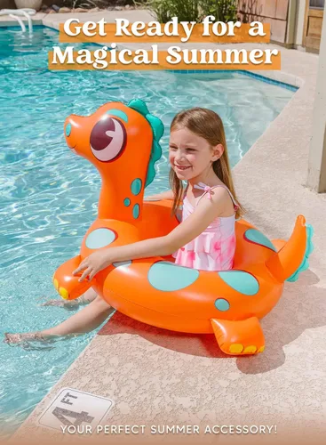 Vista 3 de SLOOSH Paquete de 3 flotadores inflables para piscina, dinosaurio, tortuga marina y delfín, anillos de natación para niños pequeños, piscina playa