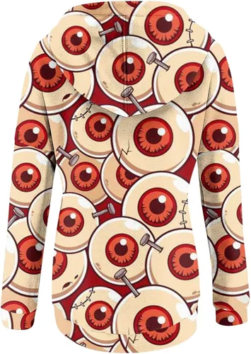Vista 3 de Sudaderas con capucha de Halloween para mujer, clásicas, de manga larga, con estampado de calabaza, con bolsillos
