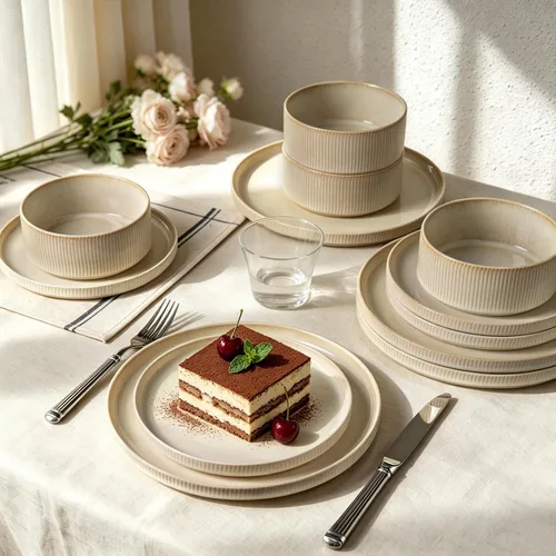 Vista 8 de Juego de vajilla de cerámica, platos y cuencos para 4, platos acanalados de 12 piezas, resistentes a astillamientos y arañazos, aptos para Beige