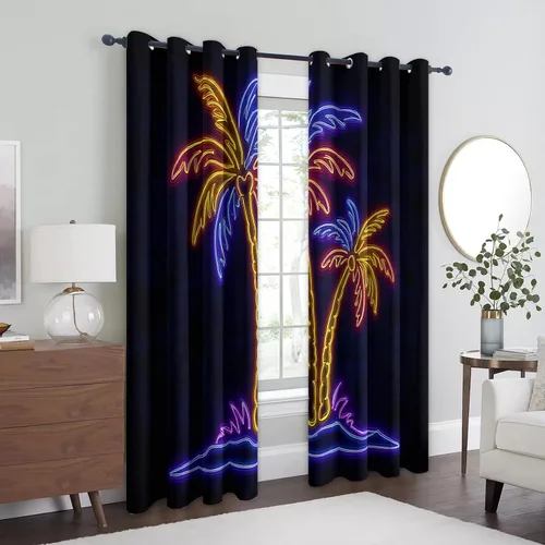 Vista 3 de Neon Palm Tree Curtains for Living Room, Synthwave Aesthetic Blackout Curtains for Bedroom, Grommet Drapes 39 Inch Length 2 Panels Set, Neon Palm