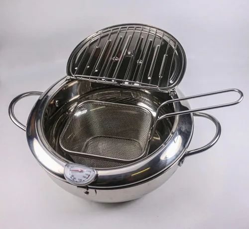 Vista 2 de Mini sartén profunda con estante de drenaje de cesta Olla de freidora de acero inoxidable con termómetro para pollo papas fritas pescado anillo