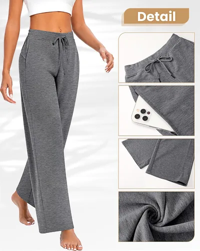 Vista 5 de Locoowai Paquete de 2 pantalones deportivos casuales de pierna ancha para mujer, con cordón en la cintura, holgados, pantalones de yoga sueltos