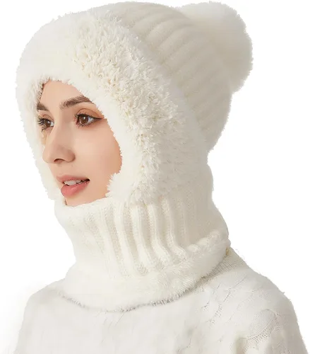 Vista 15 de Gorro de Invierno para Mujer de Una Pieza con Forro Polar Pasamontañas de Punto Conjunto con Bufanda Circular para Cuello Gorro de Esquí para Nieve