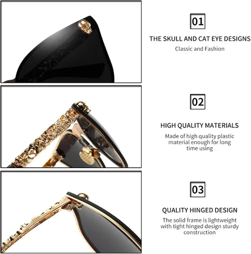 Vista 7 de Dollger Lentes de sol con diseño de calavera, y aros con forma de ojo de gato, protección UV400