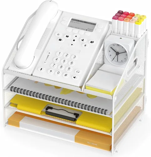 Vista 10 de Bandeja de papel para cartas, organizador de escritorio de 4 niveles con soporte para bolígrafo y asa, organizador de archivos de malla