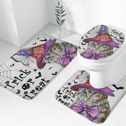 Vista 20 de Juego de 3 tapetes de baño de Halloween de bienvenida, diseño de fantasma, boo, gato, bruja, murciélago, calabaza, juego de alfombrillas de baño
