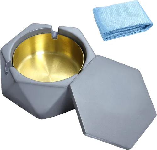 Vista 7 de Cenicero de hormigón para cigarrillos con tapa a prueba de viento, cenicero de cemento para uso en interiores o exteriores, bonita bandeja de ceniza