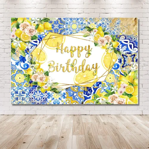 Vista 6 de MEHOFOND Telón de fondo de limón con diseño de feliz cumpleaños, azulejos azules, fondo mediterráneo de Marruecos, decoración de fiesta