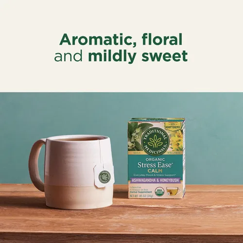 Vista 5 de Traditional Medicinals Orgánico, Stress Ease Calm con Adaptógenos, Ashwagandha y Honeybush - Promueve la Relajación - Kosher, Sin OGM, Sin Cafeína