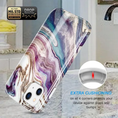 Vista 4 de luolnh Funda dorada brillante compatible con iPhone 14, diseño de mármol, a prueba de golpes, de silicona suave, a prueba de golpes, funda