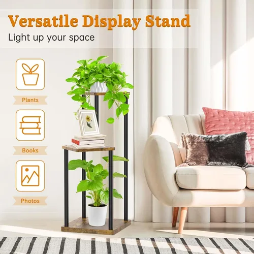 Vista 5 de Oppro Soporte para plantas de 3 niveles para interiores, soporte de esquina de metal de madera escalonada, soporte para macetas, estante de madera