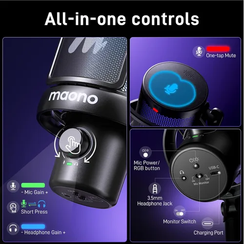 Vista 8 de MAONO Micrófono inalámbrico para PC, micrófono condensador de transmisión de juegos con cambio de voz AI de software, cancelación de ruido de 3