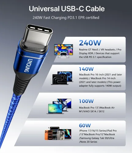 Vista 8 de Cable USB C a USB C (6 pies, paquete de 2 unidades) Cable de carga rápida de 240 W tipo C Azul
