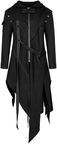 Vista 2 de Homisy Disfraces de Halloween para hombres, chaqueta gótica retro de vapor punk, capa de manga larga con capucha y botón de metal, gabardina larga