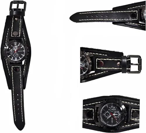 Vista 2 de MINILUJIA Hecho a mano cosido con cuerda de cera para hombre, relojes vintage punk hiphop gótico ancho de cuero genuino brazalete redondo de cuarzo