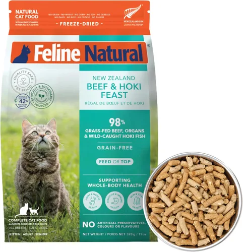 Vista 20 de Alimento para gatos seco de alta proteína Feline Natural, dieta liofilizada con 98% de carne, órganos y mariscos, sin guisantes, granos o aditivos