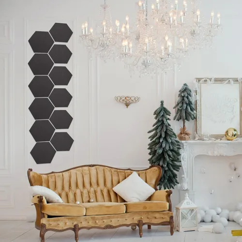 Vista 9 de Tablero de pared hexagonal de fieltro autoadhesivo, 12 unidades, azulejos de notas de boletín absorbentes de sonido para decoración del hogar Negro