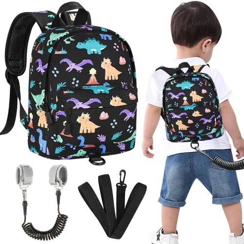 Vista 23 de Accmor Arnés de mochila de dinosaurio para bebés con correa para niños pequeños con eslabón de muñeca antipérdida, bonita bolsa de guardería