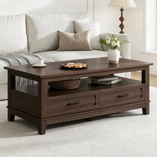 Vista 9 de GarveeHome - Mesa de café de estilo granja con cajones, mesa de centro rústica de 47.2 pulgadas, mesa de sala de estar negra, con estante abierto