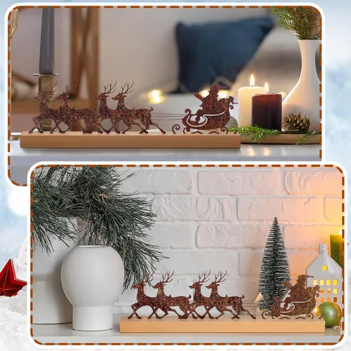 Vista 3 de Soaoo Decoraciones de mesa de Navidad, decoración de trineo de Papá Noel de metal con base de madera, decoraciones rústicas de fiesta de Navidad