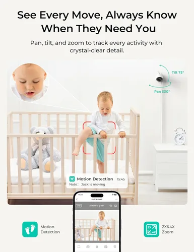 Vista 6 de Dr.Care VistaView Lite Smart WiFi Baby Monitor - Pantalla dividida 720P de 4 pulgadas y control de aplicación de cámara 1080P, alertas