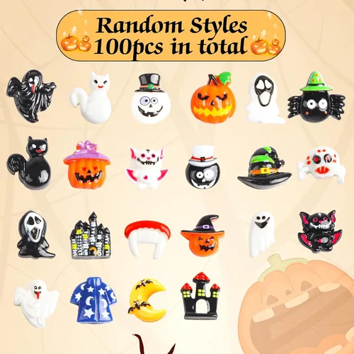 Vista 2 de FOIMAS Dijes de resina de Halloween con parte trasera plana, 100 piezas de calabaza, fantasma, araña, adorno de resina en miniatura para suministros