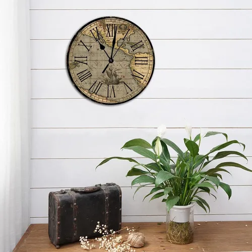 Vista 4 de Reloj de pared redondo de madera de estilo rústico, mapa del mundo retro, números romanos, reloj de madera, funciona con pilas, silencioso, sin