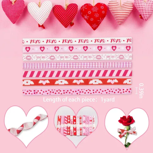 Vista 2 de Cintas de San Valentín de 12 yardas, cintas rojas y rosadas, cinta decorativa de grogrén XOXO, corazón de San Valentín, cintas de organza de 3/8