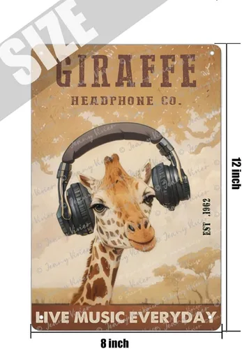 Vista 5 de Giraffe Headphone Co - Póster de música en vivo para todos los días, letrero de metal vintage, divertido póster de jirafa para el hogar, cocina