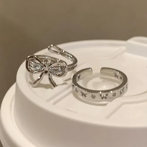 Vista 5 de 3 anillos de perlas de plata para mujer, anillos apilables de plata con forma de corazón y mariposa, anillos de plata ajustables, anillo