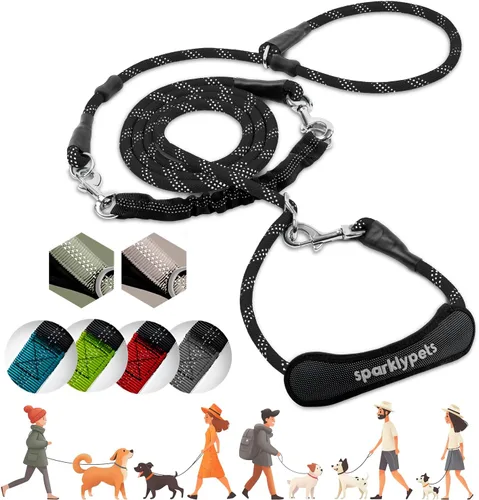 Vista 32 de Correa doble premium para dos perros, absorción de golpes, antitirón, doble correa para razas medianas y grandes con accesorio de correa doble