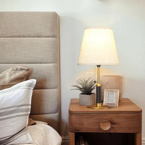 Vista 3 de 18.9" Modern Mid Century Table Lamp Pull Chain Bedside Lamps for Nightstand Lamp for Bedroom Living Room 3-Color Light Solid Wood/Metal/Fabric for